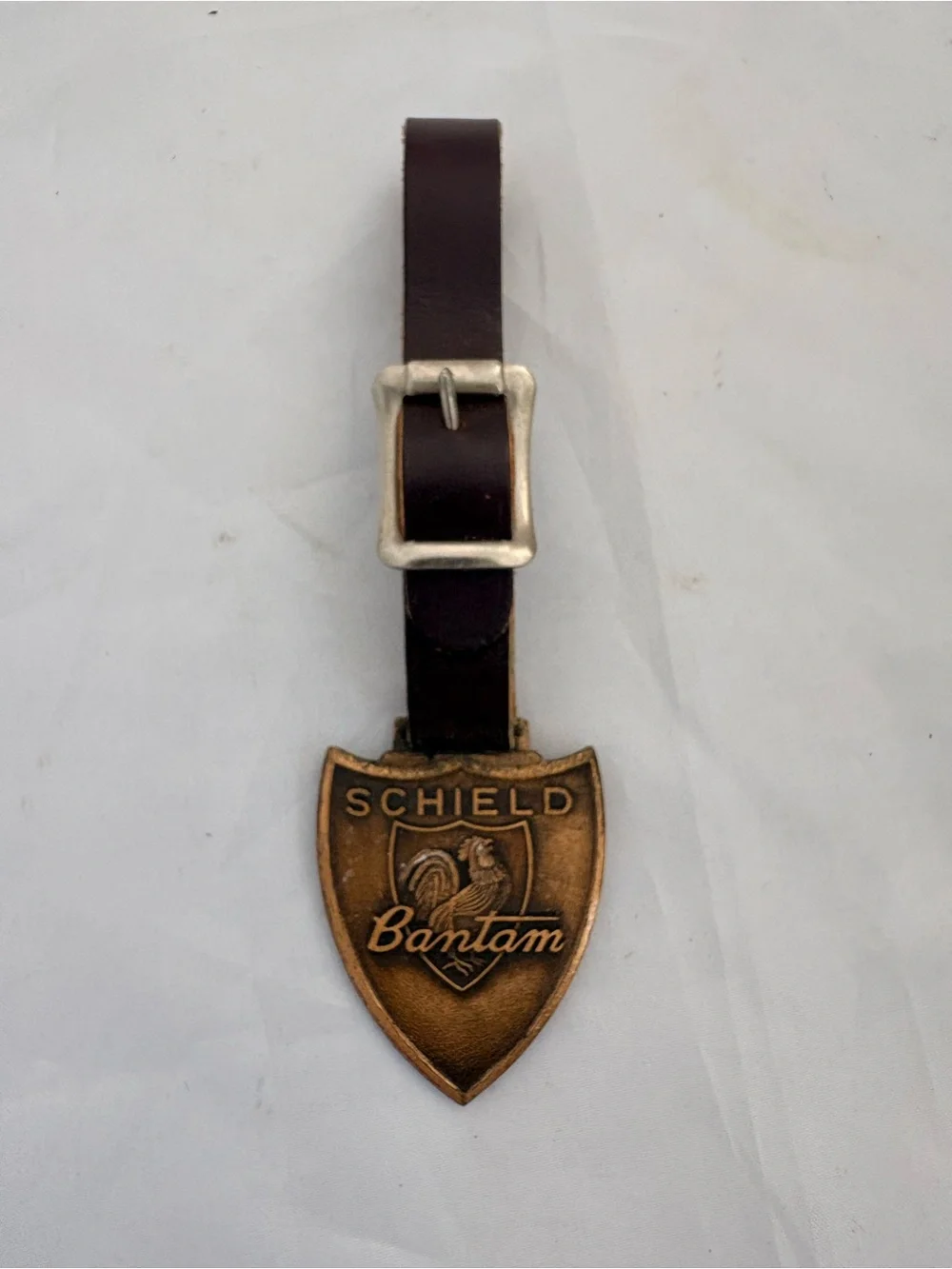 Schield Bantam Brass Shield Key or Watch Fob with Dark Brown Leather Strap